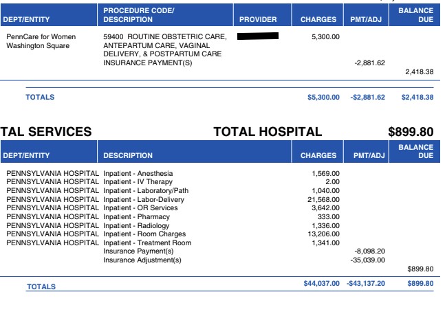 How much does childbirth and delivery cost? For her, it was $3,318.18. And the baby paid $2,780.56.
